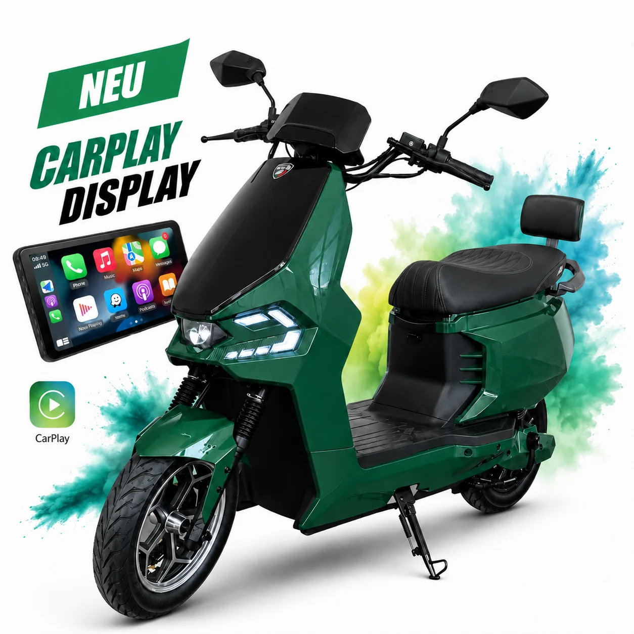 City GO Maxx E-Roller 2026 in Racing Green mit neuem CarPlay Display, weisser Hintergrund